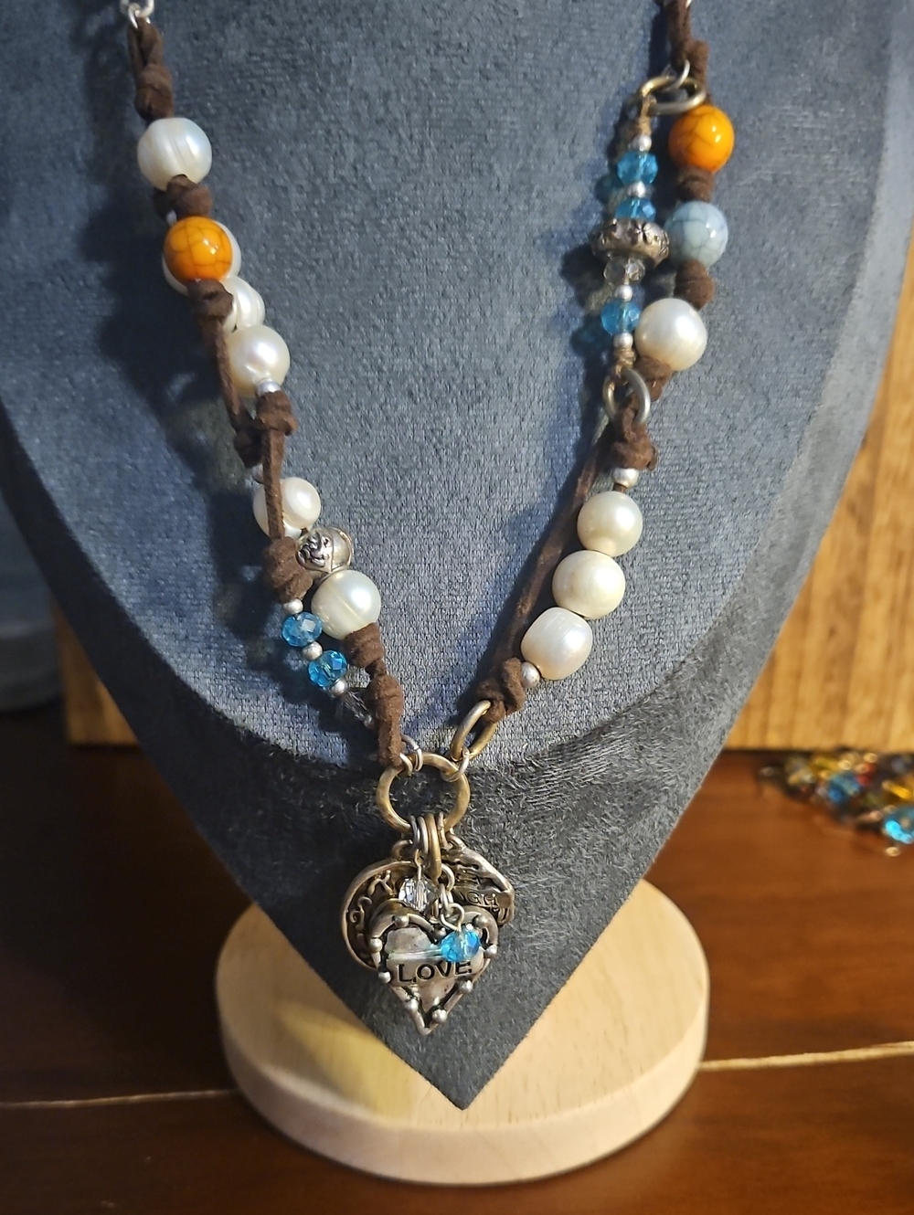 Pearl, Orange & Blue Beaded Necklace with  Heart Pendant